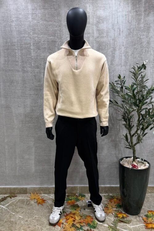 Knitwear zipper pullover-Beige